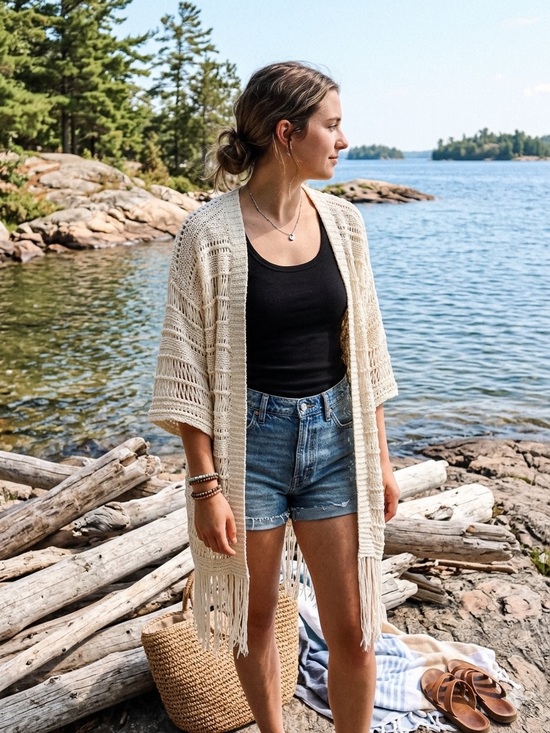 American Eagle Outfitters Sweaters - American Eagle Crochet Knit Oversized Fringe boho Cover Up Cardigan M